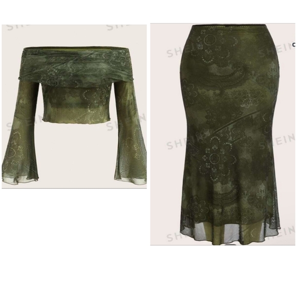 Y2K Dresses & Skirts - 2X Bundle/Lot Floral Print Mesh Skirt & Cropped Off the Shoulder Top Set